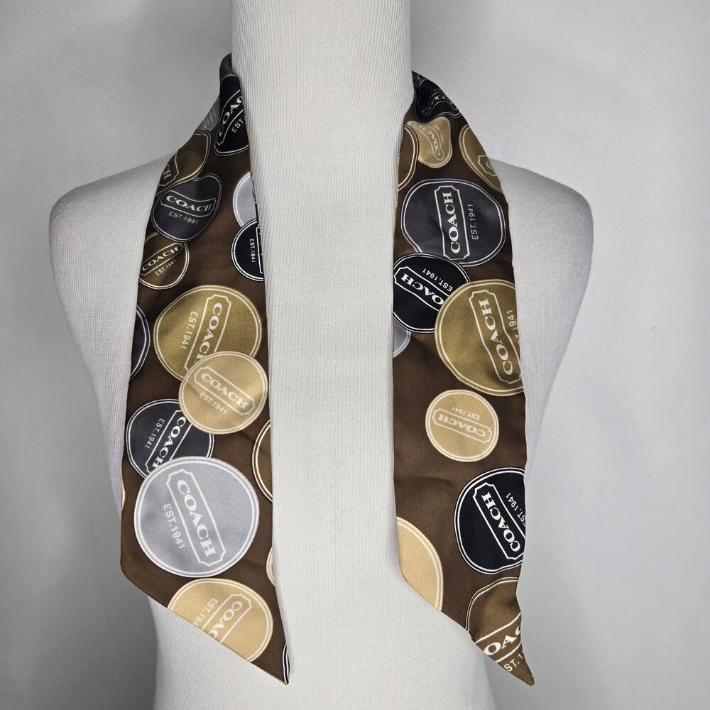 NWT Coach Silk Pony Scarf Spellout Reversible Circles Khaki Gal Heritage - Picture 3 of 6